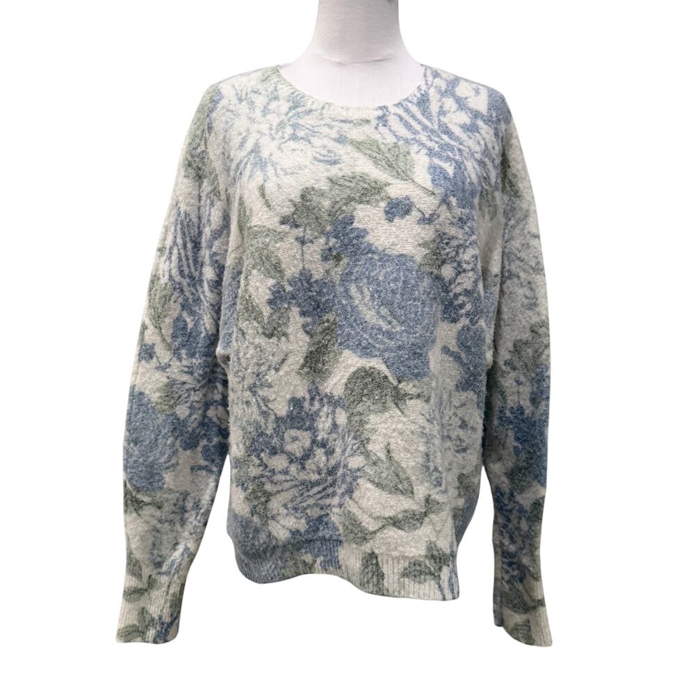 Joie Floral Sweater Medium Blue Green Rose Print Fuzzy Soft Knit Cottage Fall